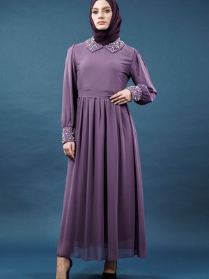 Lila İnci Detaylı Abiye Elbise