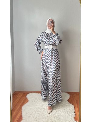 Beyaz Çan Etek Hakim Yaka Saten Elbise