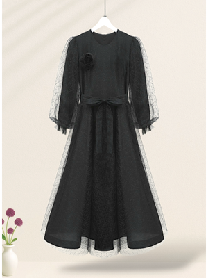 Siyah Kolu Lastikli Kuşaklı Simli Kabarık Tül Abiye Elbise