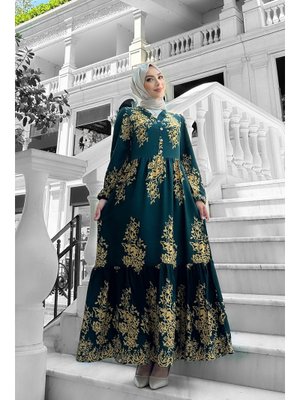 Yeşil Sultan Desenli Viskon Elbise
