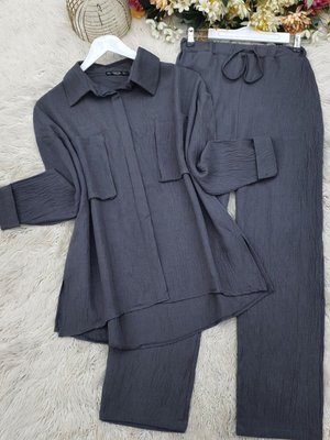 Antrasit Körüklü Cepli İkili Keten Takım