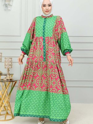 Yeşil Etnik Desenli Elbise