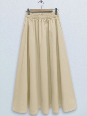Sarı Beli Lastikli Çift Cepli Poplin Kloş Etek