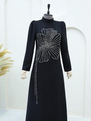 Siyah Yonca Taş Desenli Dik Yaka Krep Abiye Elbise