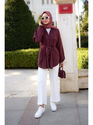 Bordo Önü Pile Detay Vual Gömlek