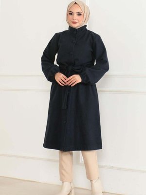 Lacivert Düğme Detaylı Kaşe Kaban