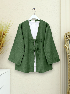 Koyu Yeşil Önü Bağcıklı Keten Kimono