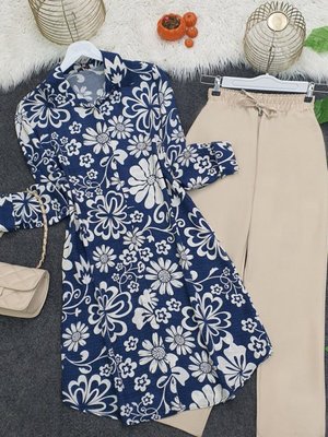 İndigo Düğmeli Desenli Viskon Tunik