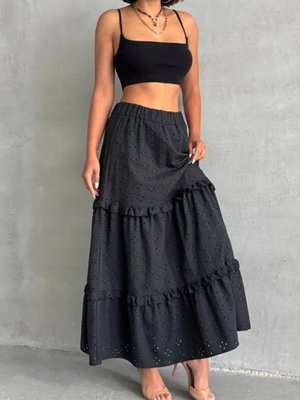 Siyah Uzun Fırfırlı Brodeli Astarlı Etek