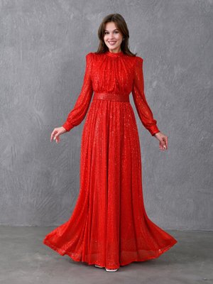 Kırmızı Uzun Kol Kemerli Pullu Abiye Elbise