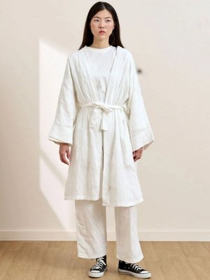 Beyaz Fistolu Müslin Uzun Kimono & Pantolon Takım