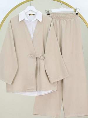 Bej Önden Bağlamalı Pantolonlu Kimono İkili Takım