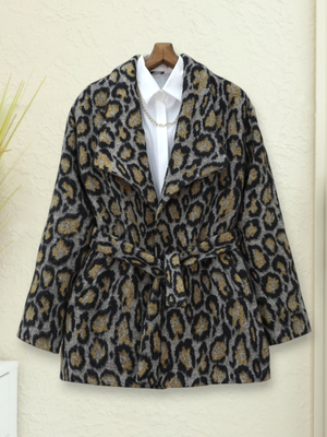 Gri Leopar Desenli Astarlı Beli Bağlamalı Kaşe Ceket