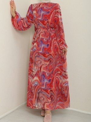 Kiremit Batik Baskılı Astarlı Şifon Elbise