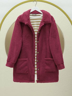 Bordo Boydan Düğmeli Cepli Pelüş Ceket