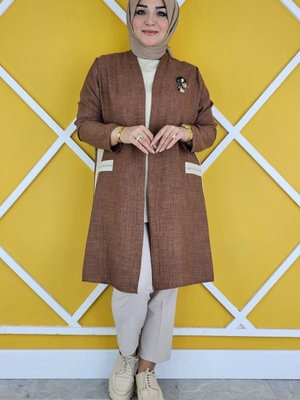Kahverengi Broş Detaylı Kimono İkili Takım