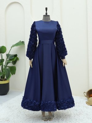 Laci Eteği Ve Kolları Gül Detaylı Saten Abiye Elbise