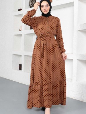 Taba Puantiye Desenli Viskon Elbise