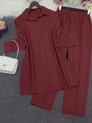 Bordo Top Düğme Gömlek Pantolonlu İkili Takım
