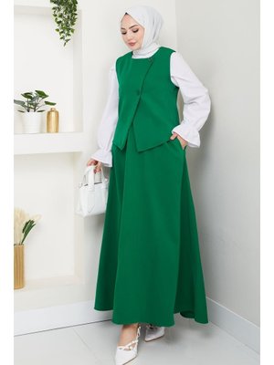 Zümrüt Yeşili Asimetrik Yelekli İkili Takım