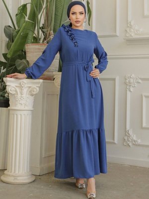 İndigo Fırfır Taş Detaylı Parça Eteklii Kemerli Ayrobin Elbise