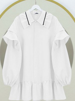 Beyaz Yakası Süzene Nakış Detaylı Kolu Lastikli Poplin Tunik