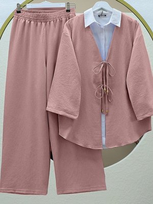 Pudra Önü Çift Bağlamalı Pantolonlu Kimono İkili Takım