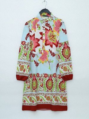 Kiremit Çiçek Desenli Yarım Düğmeli Pamuk Viskon Tunik