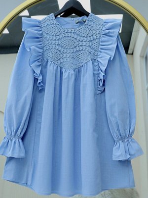 Mavi Omuz Fırfırlı Robası Dantel İşlemeli Poplin Tunik