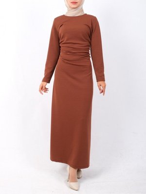 Taba Belden Büzgülü Örme Krep Likralı Elbise Taba Belden Büzgülü Örme Krep Likralı Elbise