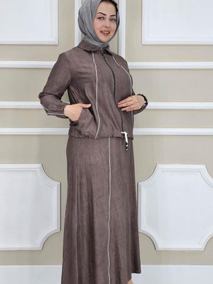 Kahverengi Biyeli Fermuarlı İkili Takım