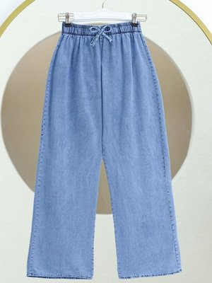 Mavi Bol Paça Beli Lastikli Bağcık Detaylı Kot Pantolon Mavi Bol Paça Beli Lastikli Bağcık Detaylı Kot Pantolon