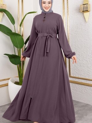 Vişne Boydan Fermuarlı Kolu Lastikli Beli Kemerli Ferace