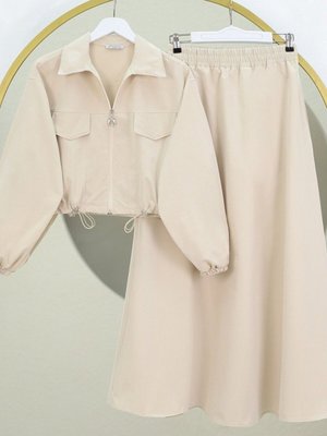 Bej Beli Lastikli Etekli İkili Takım