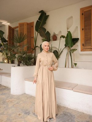 Bej Ankanoor Çingene Bel Bağlamalı Belmando Elbise