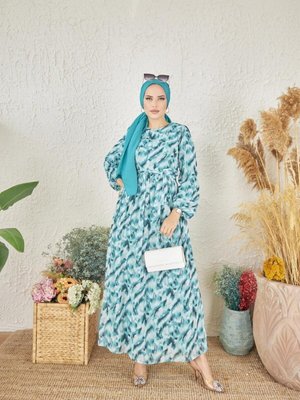 Yeşil Ankanoor Zebra Desenli Şifon Elbise