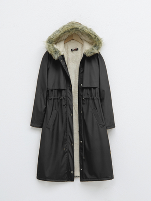 Siyah İçi Peluşlu Sabit Kapşonlu Tünel Bağcıklı Uzun Mont