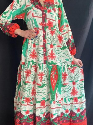 Yeşil Viskon Kumaş Uzun Kollu Desenli Salaş Elbise