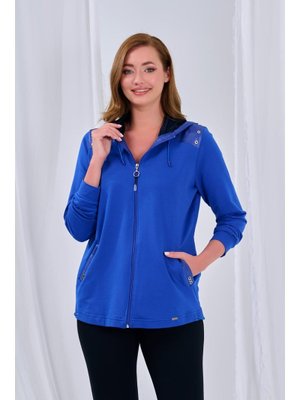 Büyük Beden Kapşonlu Fermuar Detaylı Ceket Saks