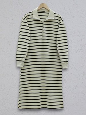 Siyah Yarım Boğazlı Yakası Fermuarlı Çizgili Tunik