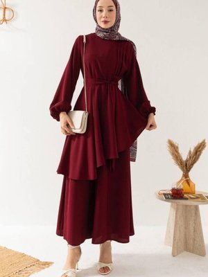 Bordo Asimetrik Kloş Tunikli Pantolon Bluz İkili Takım