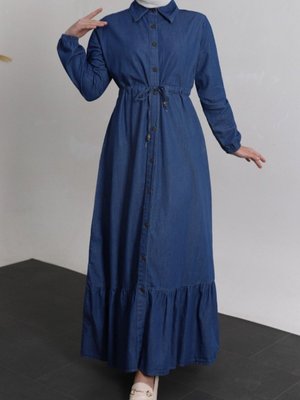 İndigo Tünel Bağcıklı Boydan Düğmeli Kot Elbise