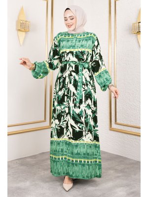 Yeşil Sera Desenli Viskon Elbise