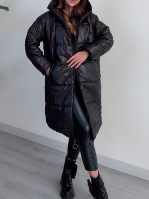 Siyah Kapüşonlu Bağcık Detaylı Fermuarlı Şişme Mont