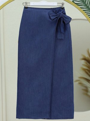 İndigo Uzun Önü Çift Katlı Yandan Bağlamalı Kot Etek