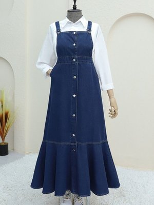 Lacivert Önden Düğmeli Yan Cepli Eteği Fırfırlı Kot Jile