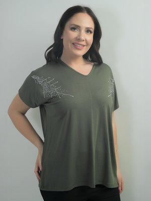 Haki Omuzu Taş Baskılı V Yaka Yarasa Kol B.b. Bluz