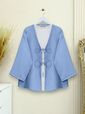 Açık Mavi Önü Bağcıklı Keten Kimono