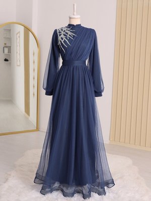Koyu Mavi Önü Taş Detaylı Drapeli Kemerli Tül Abiye Elbise