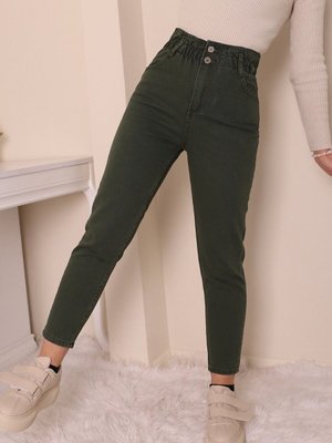 Haki Beli Lastikli Yüksek Bel Kot Pantolon Haki Beli Lastikli Yüksek Bel Kot Pantolon